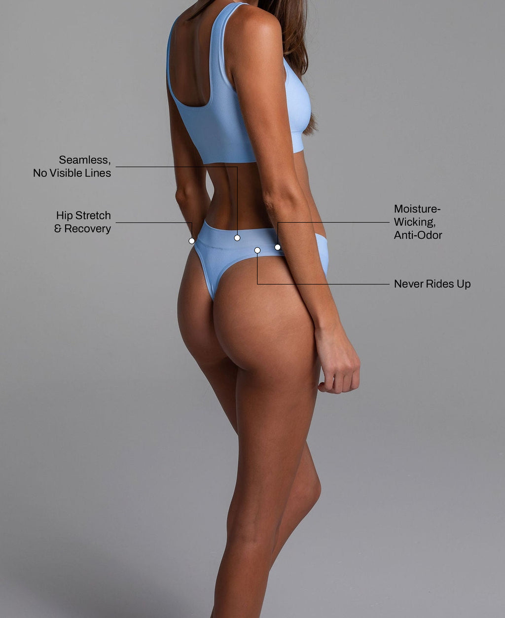 Low Hide Thong in Arctic Blue: seamless no visible lines, hip stretch and recovery, moisture-wicking anti-odor, never rides up