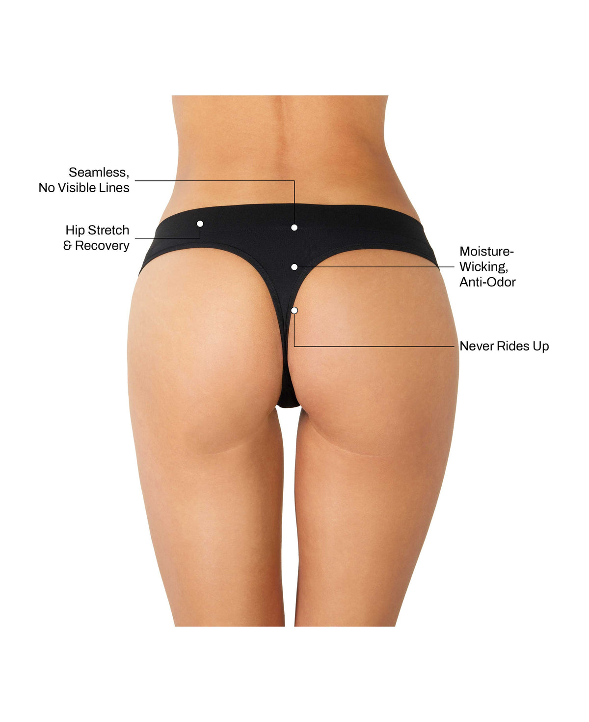 Low Hide Thong in Black: seamless no visible lines, hip stretch and recovery, moisture-wicking anti-odor, never rides up