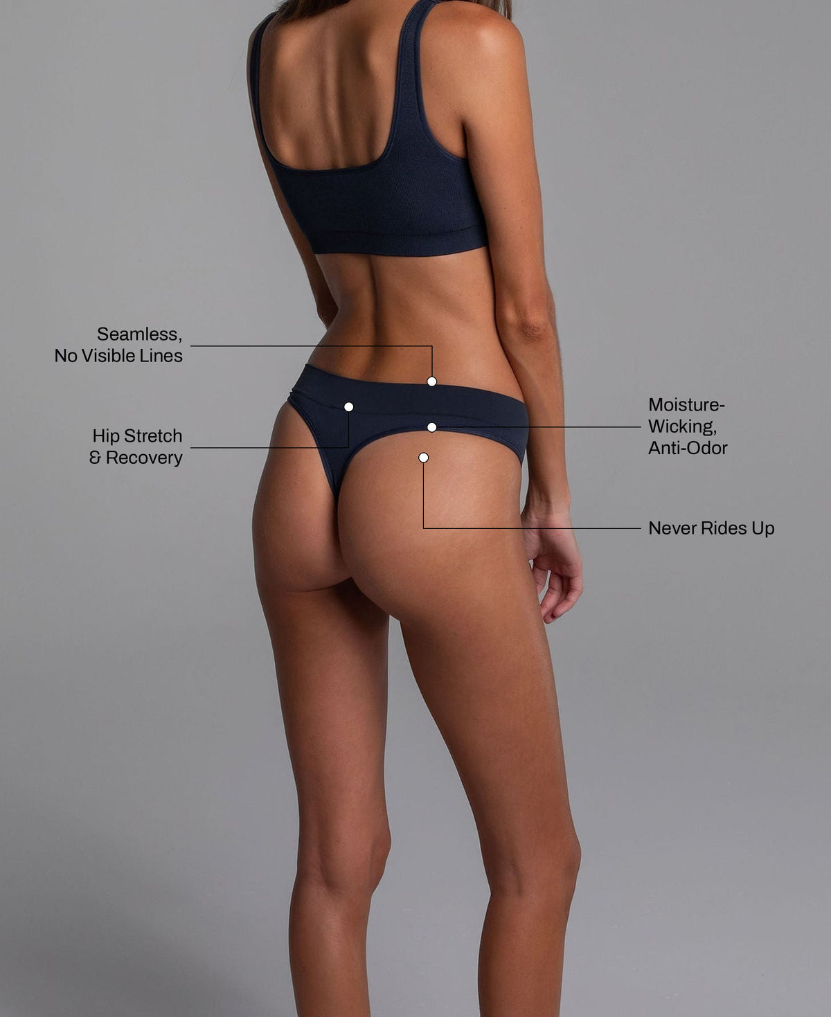 Low Hide Thong in Collegiate Blue: seamless no visible lines, hip stretch and recovery, moisture-wicking anti-odor, never rides up