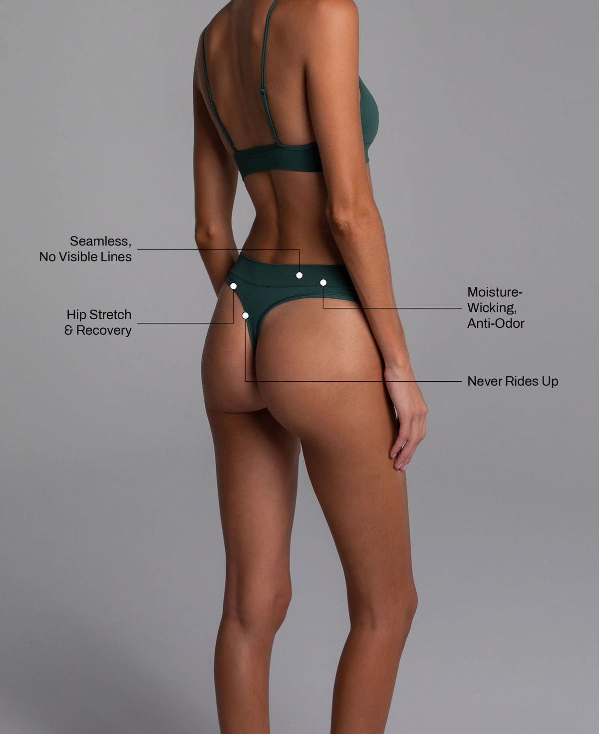Low Hide Thong in Forest Green: seamless no visible lines, hip stretch and recovery, moisture-wicking anti-odor, never rides up