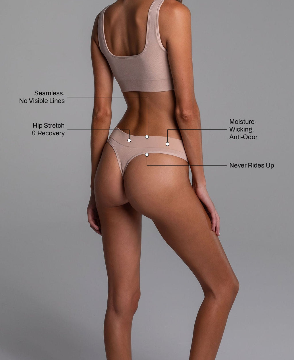 Low Hide Thong in Sand: seamless no visible lines, hip stretch and recovery, moisture-wicking anti-odor, never rides up