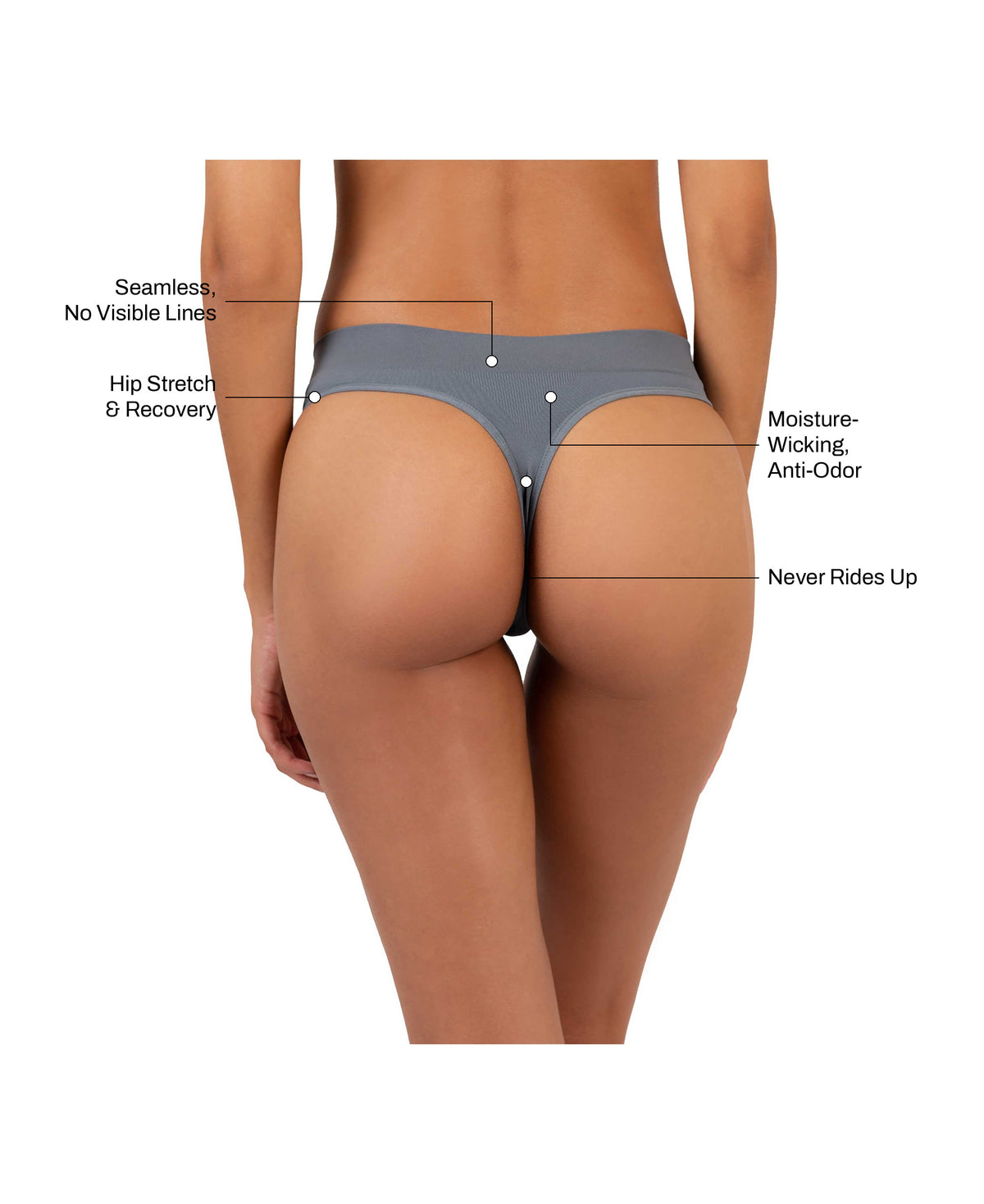 Low Hide Thong in Slate: seamless no visible lines, hip stretch and recovery, moisture-wicking anti-odor, never rides up