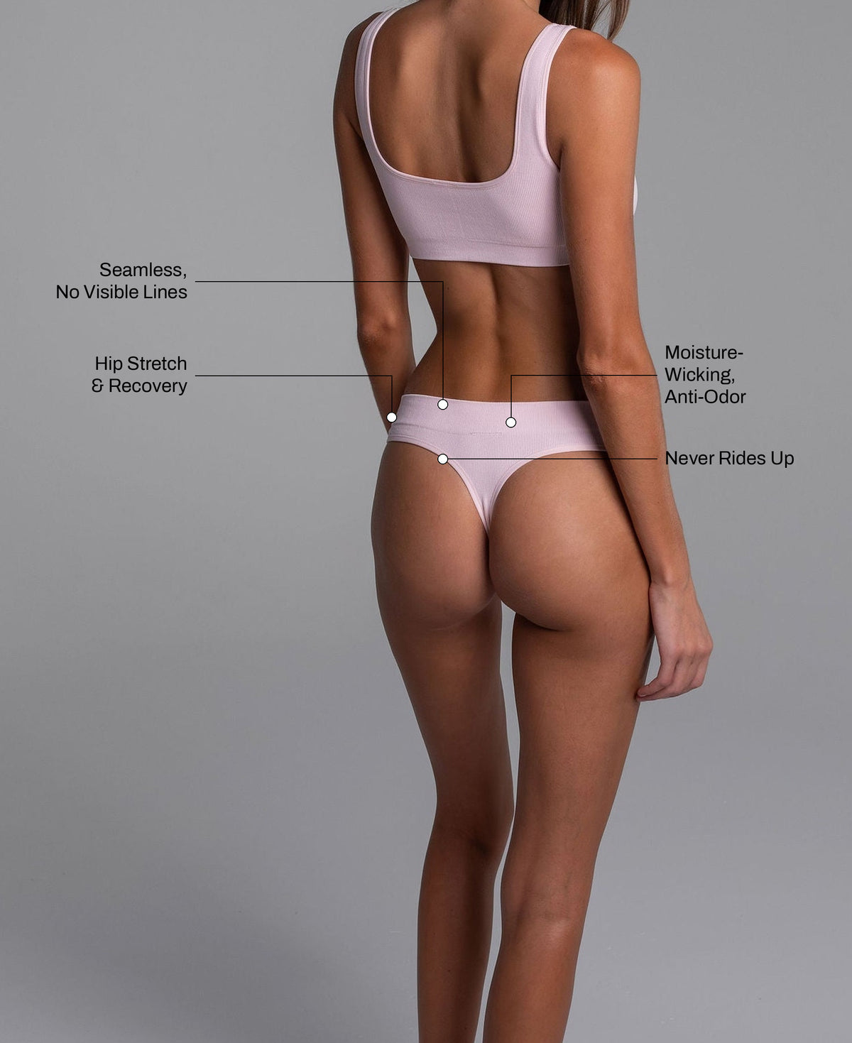 Low Hide Thong in Studio Pink: seamless no visible lines, hip stretch and recovery, moisture-wicking anti-odor, never rides up