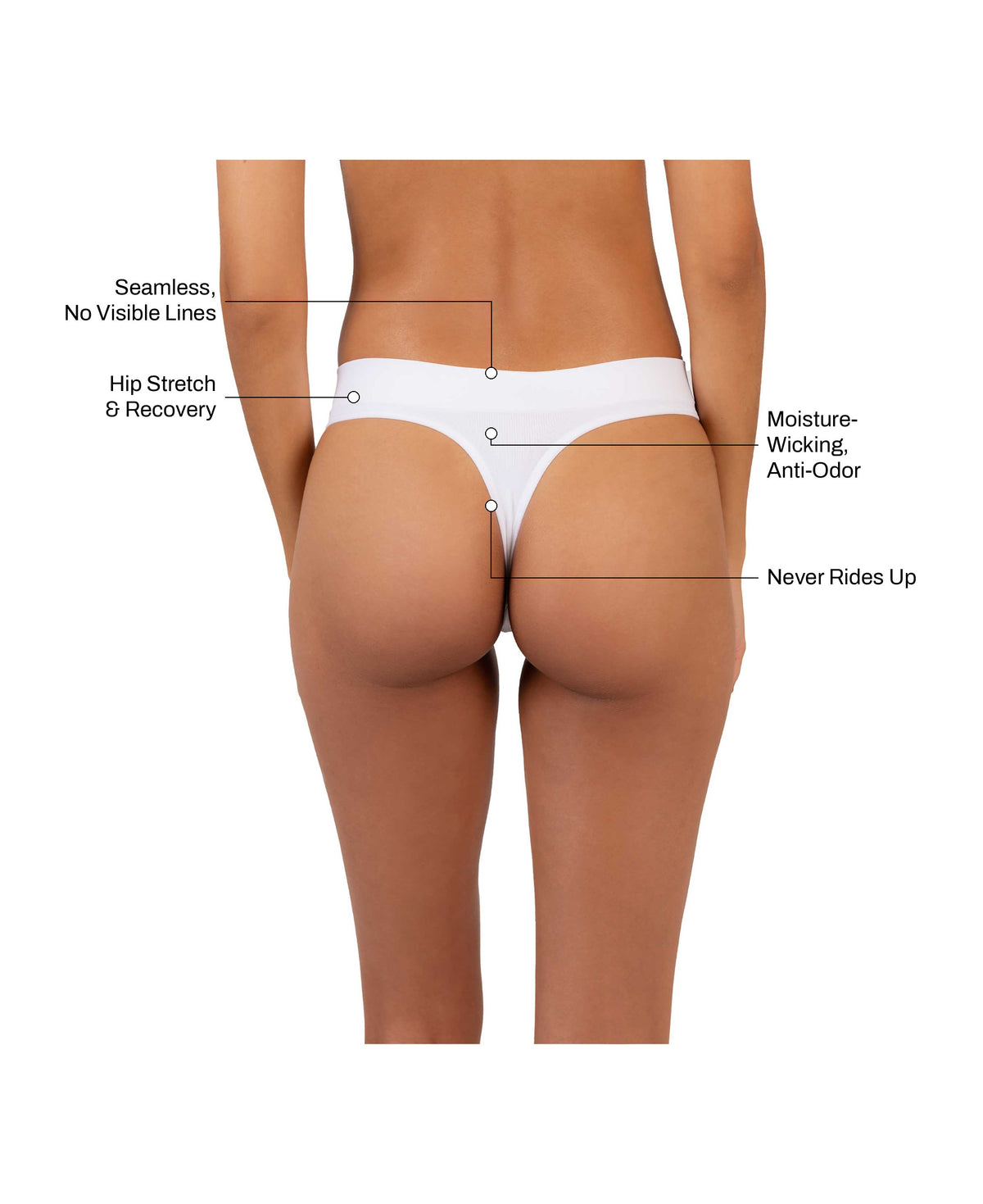Low Hide Thong in White: seamless no visible lines, hip stretch and recovery, moisture-wicking anti-odor, never rides up
