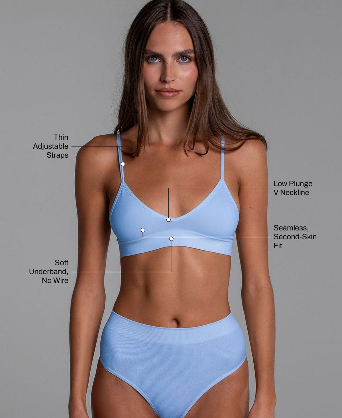 Low Show V Bralette in Arctic Blue: thin adjustable straps, low plunge V neckline, seamless second-skin fit, soft underband with no wire