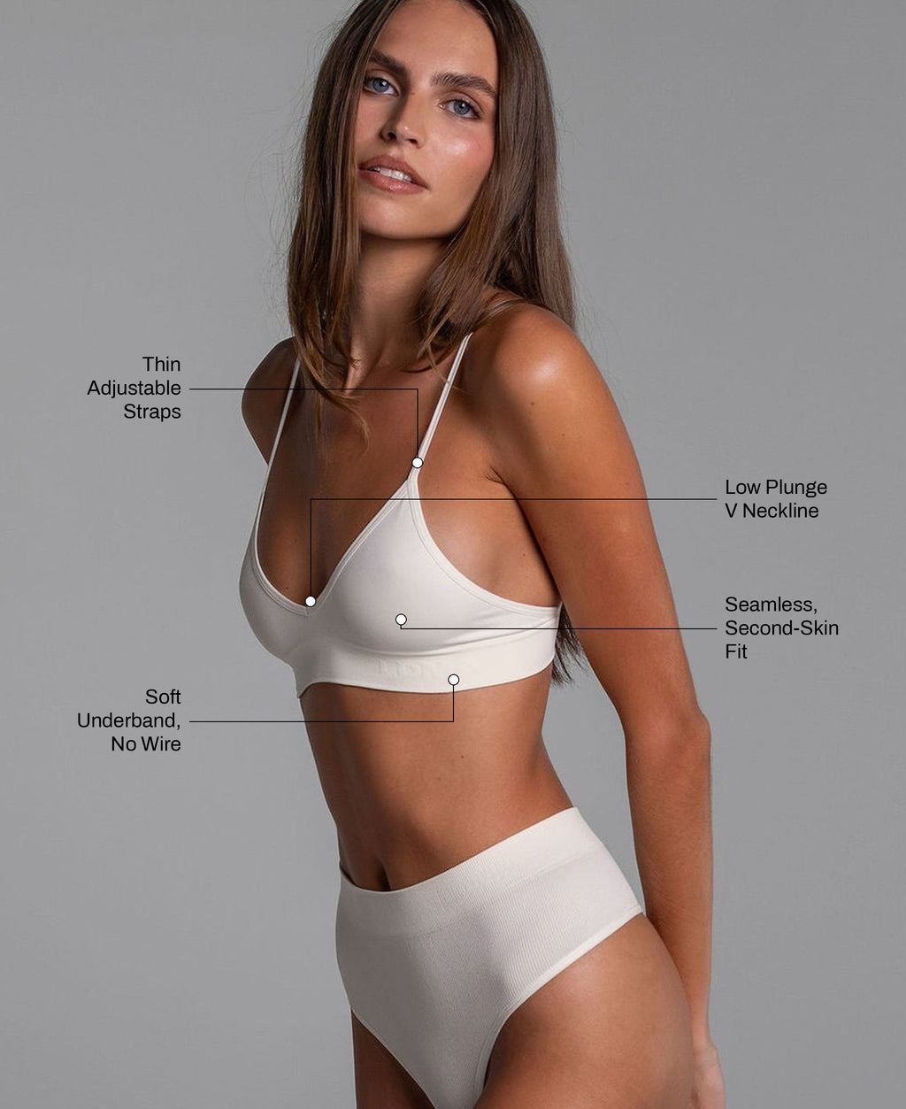 Low Show V Bralette in Cream: thin adjustable straps, low plunge V neckline, seamless second-skin fit, soft underband with no wire