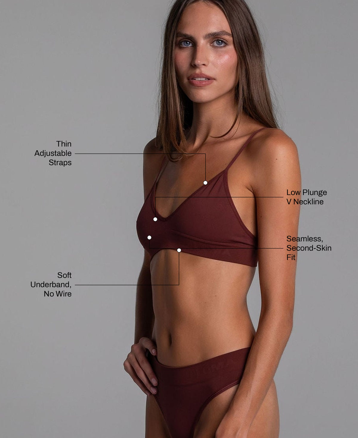 Low Show V Bralette in Crimson: thin adjustable straps, low plunge V neckline, seamless second-skin fit, soft underband with no wire