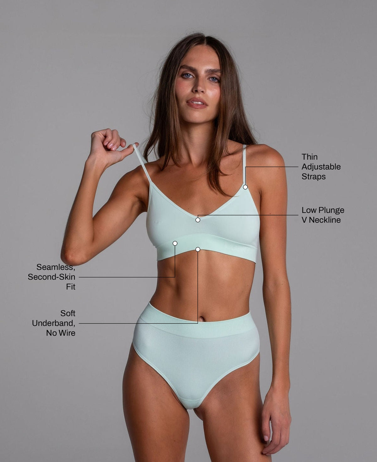 Low Show V Bralette in Pistachio: thin adjustable straps, low plunge V neckline, seamless second-skin fit, soft underband with no wire