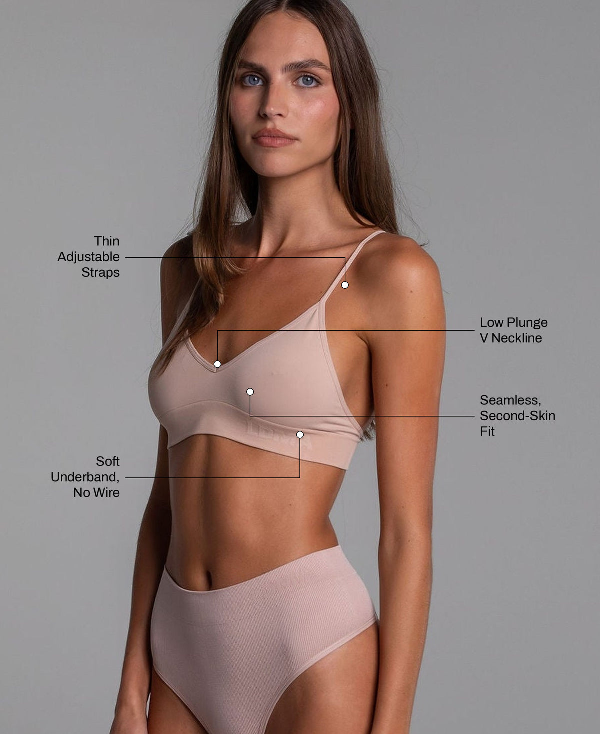 Low Show V Bralette in Sand: thin adjustable straps, low plunge V neckline, seamless second-skin fit, soft underband with no wire