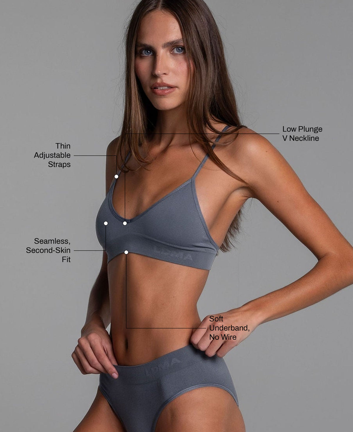 Low Show V Bralette in Slate: thin adjustable straps, low plunge V neckline, seamless second-skin fit, soft underband with no wire