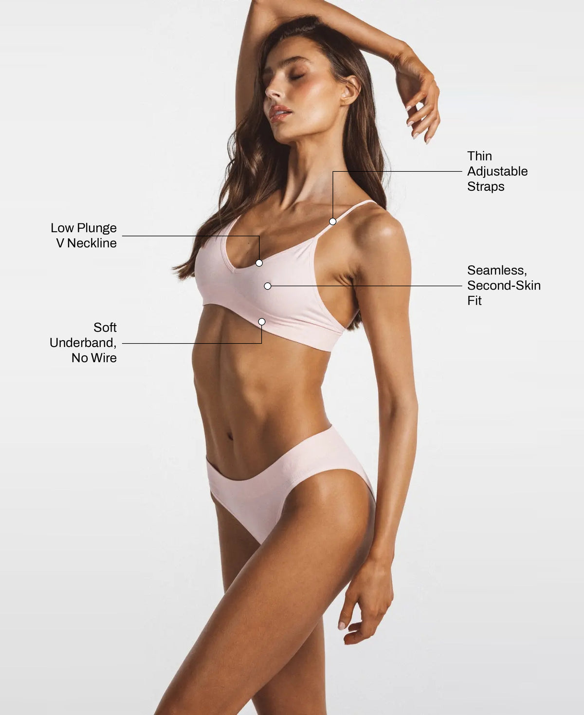 Low Show V Bralette in Studio Pink: thin adjustable straps, low plunge V neckline, seamless second-skin fit, soft underband with no wire