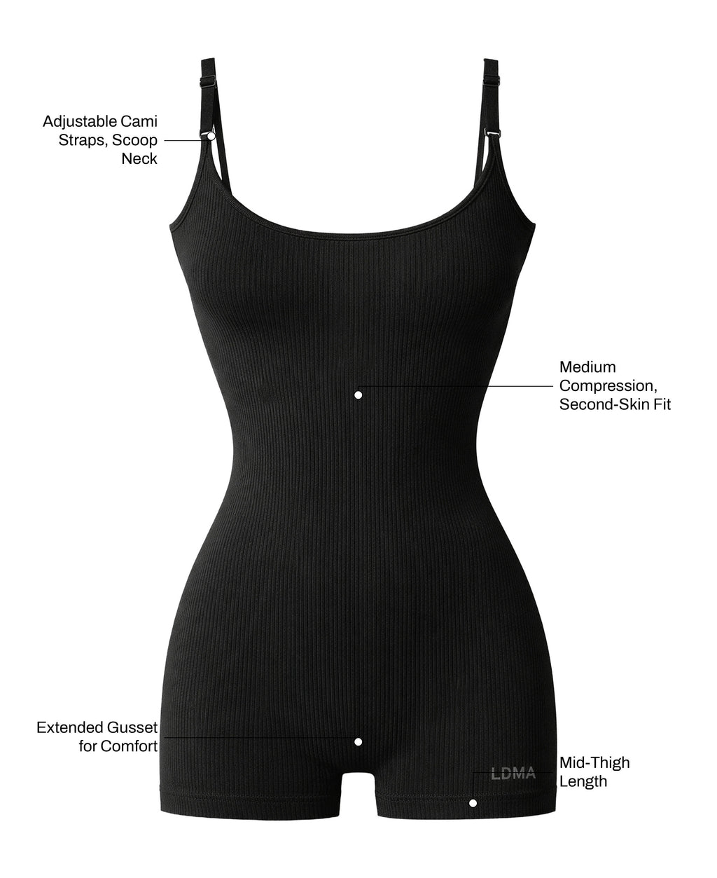 The Taylor Ribbed Romper in Black: adjustable cami straps with scoop neck, medium compression second-skin fit, extended gusset for comfort, mid-thigh length