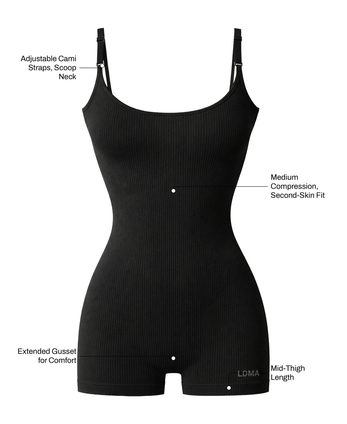 The Taylor Ribbed Romper in Black: adjustable cami straps with scoop neck, medium compression second-skin fit, extended gusset for comfort, mid-thigh length