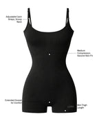 The Taylor Ribbed Romper in Black: adjustable cami straps with scoop neck, medium compression second-skin fit, extended gusset for comfort, mid-thigh length